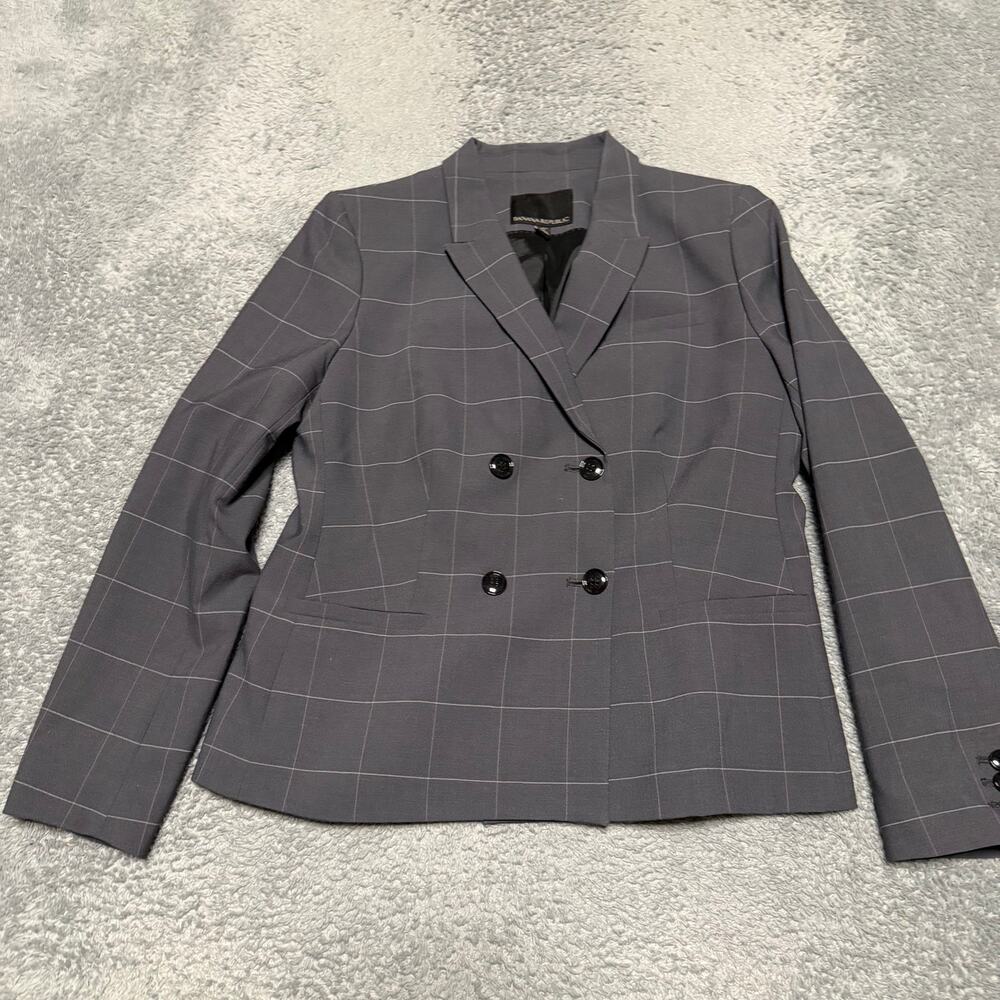 Banana Republic Blazer Women 6 Petite Gray Plaid Windowpane Double Breast Career